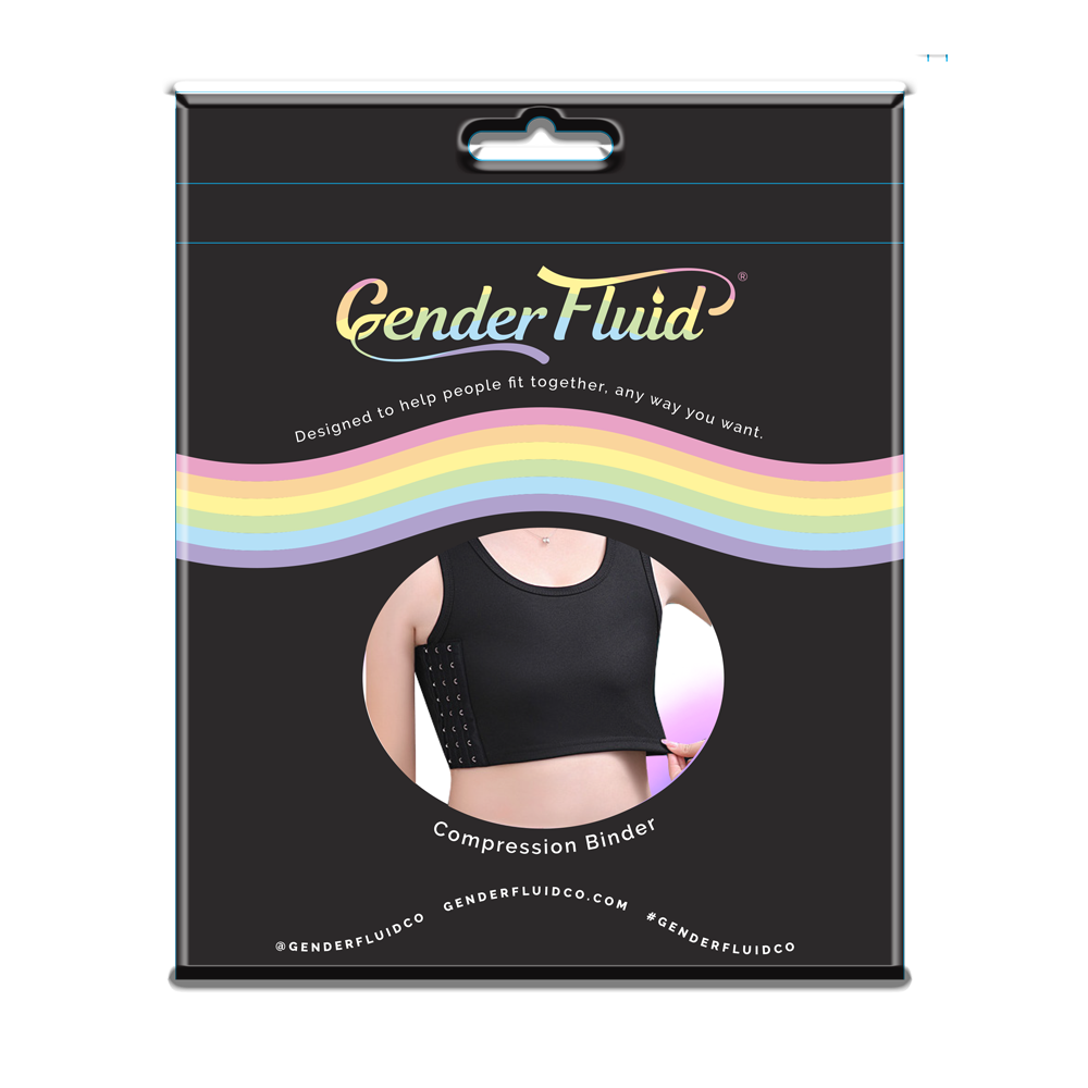 Black half-length compression binder with rainbow accent and brand logo.