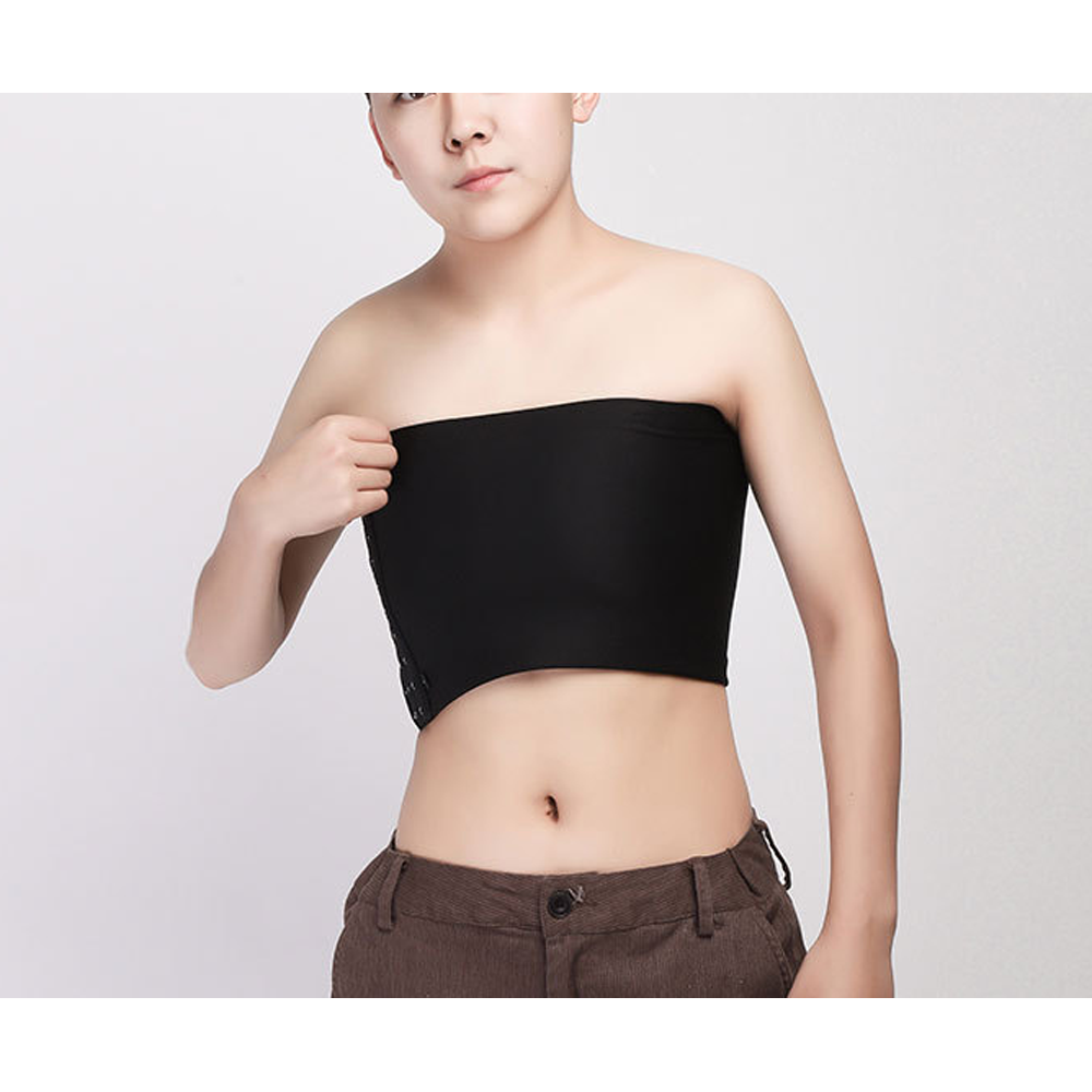 Strapless black chest compression binder with adjustable closure.