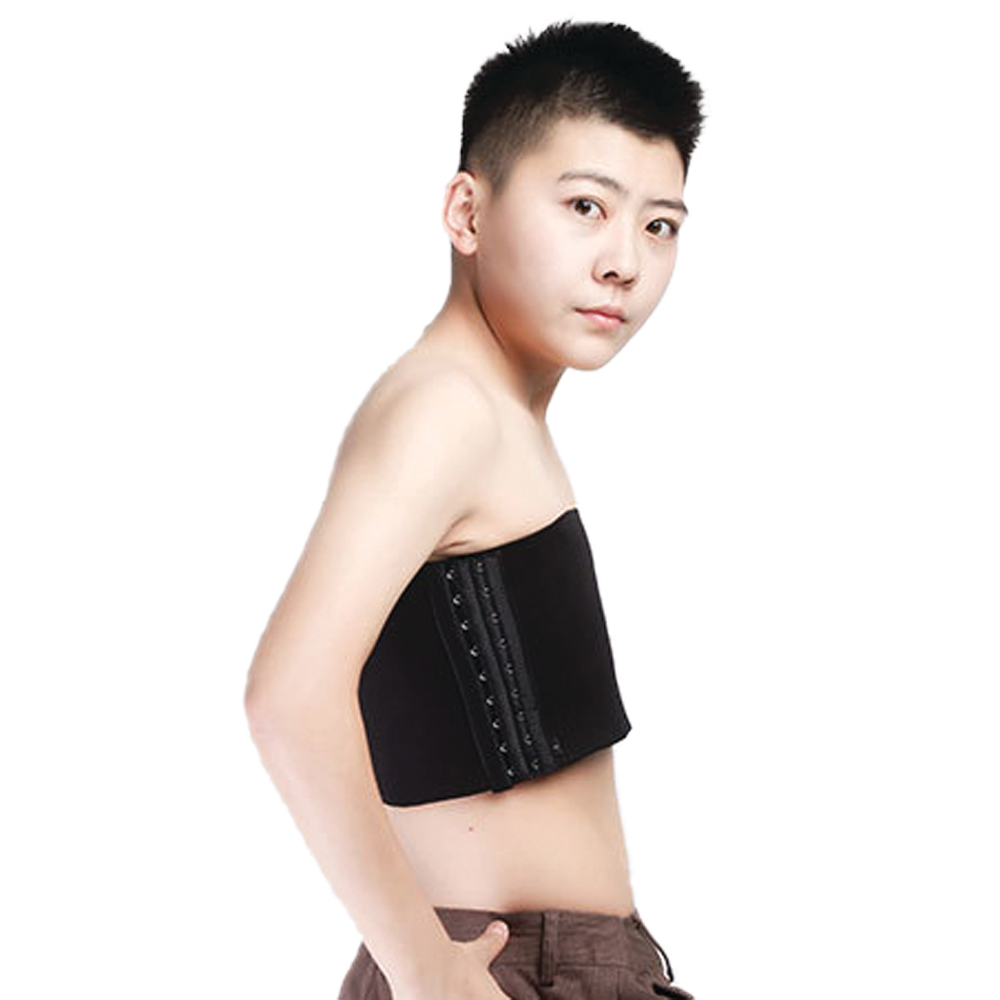 Strapless black chest compression binder with hook and eye closure.