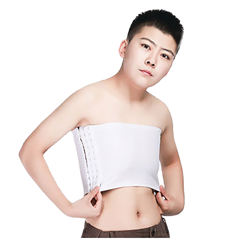 Strapless white chest compression binder with clear straps.