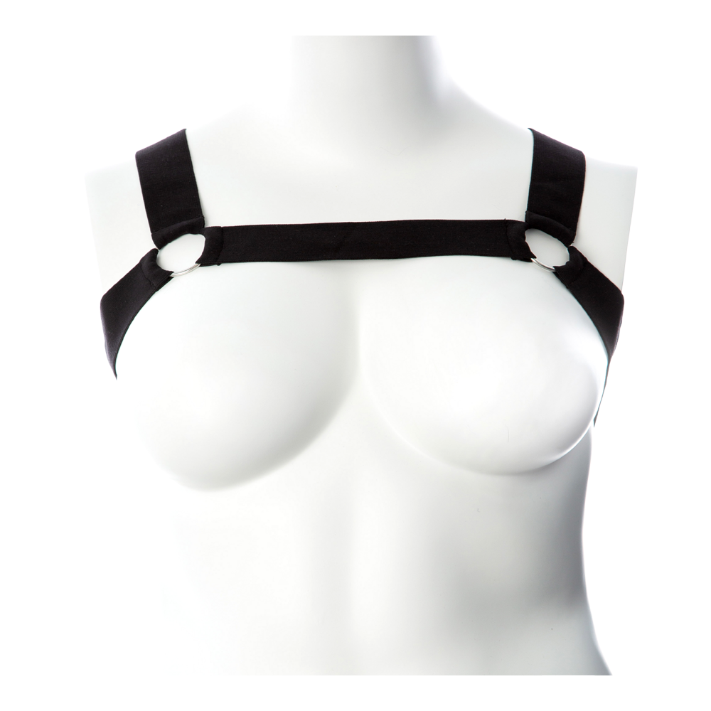 Black elastic body harness with silver rings on a white mannequin.
