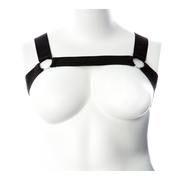 Black elastic body harness with silver rings on a white mannequin.