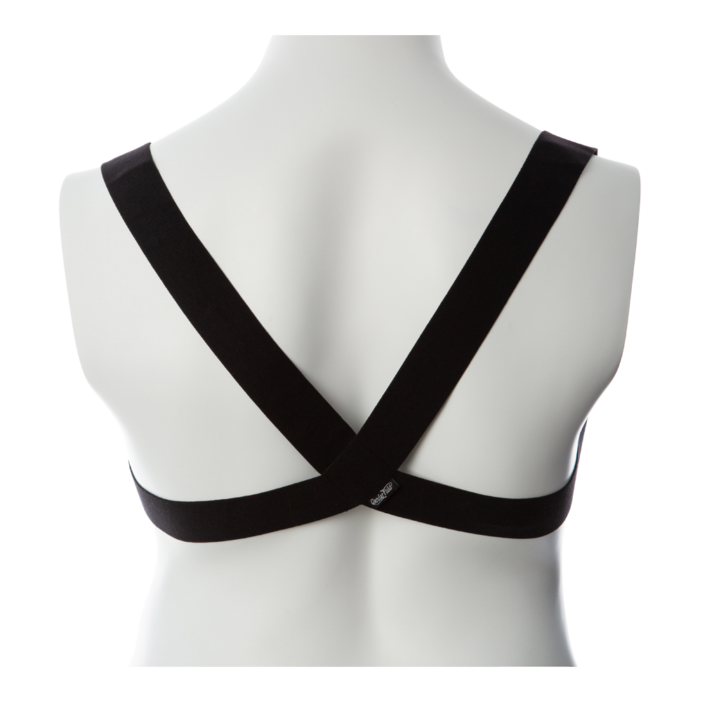 Unisex black elastic body harness with criss-cross straps on the back.