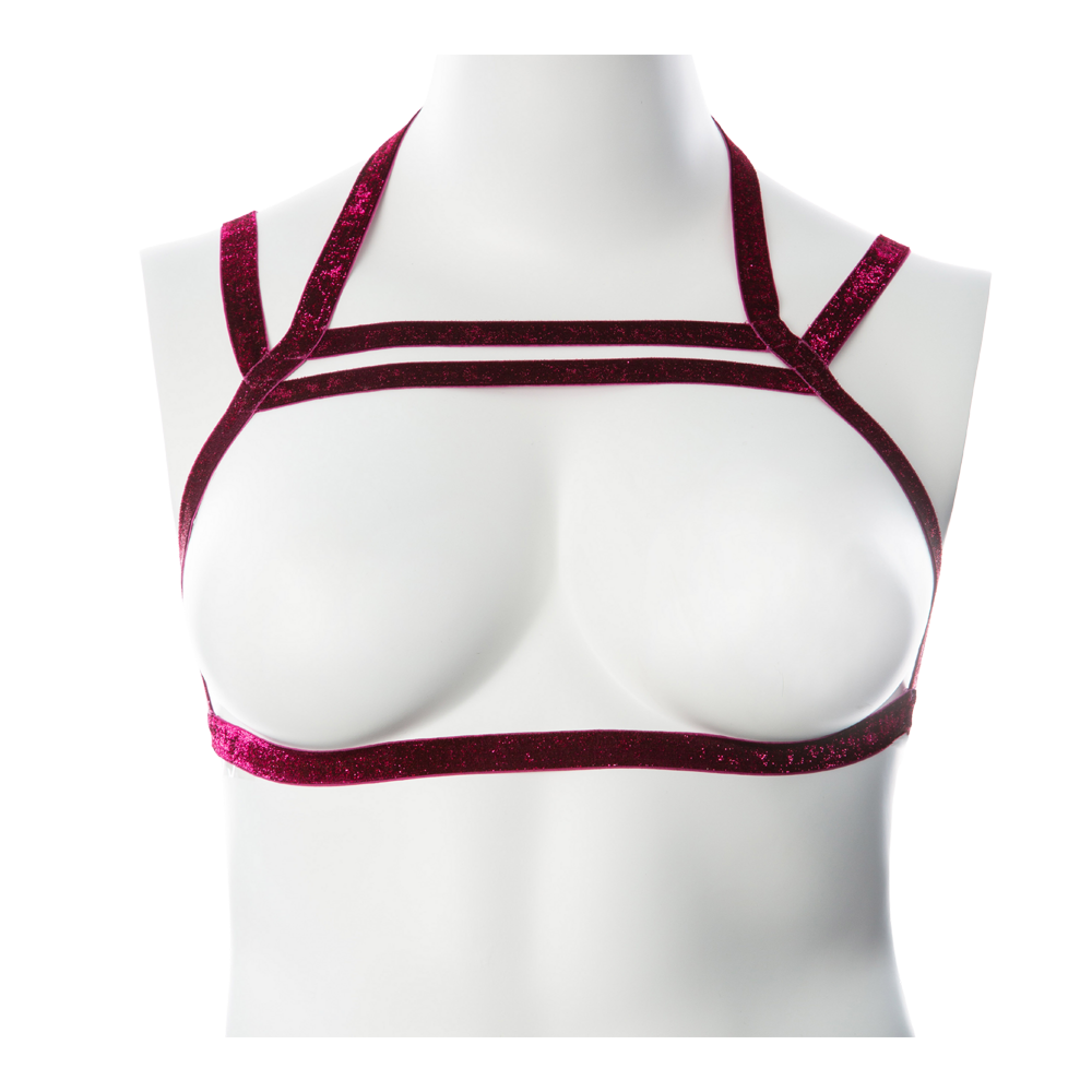 Metallic stretch chest harness with glittery straps on a mannequin.