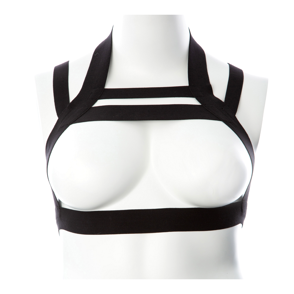 Black elastic body harness with multiple straps on a white mannequin.