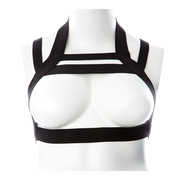 Black elastic body harness with multiple straps on a white mannequin.
