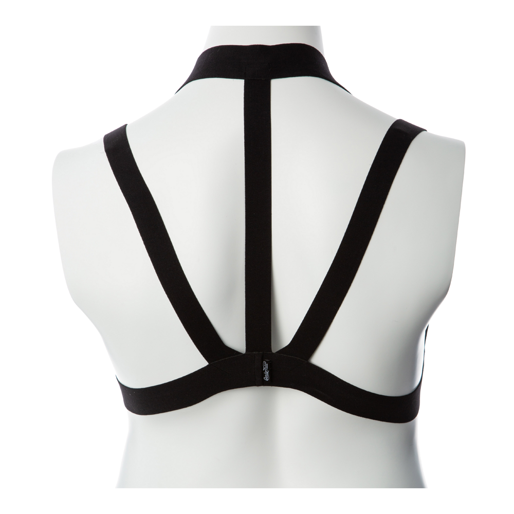 Black elastic body harness with multiple straps on a white mannequin.