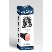 A realistic male masturbator in its packaging with the brand "Get Lucky" visible.