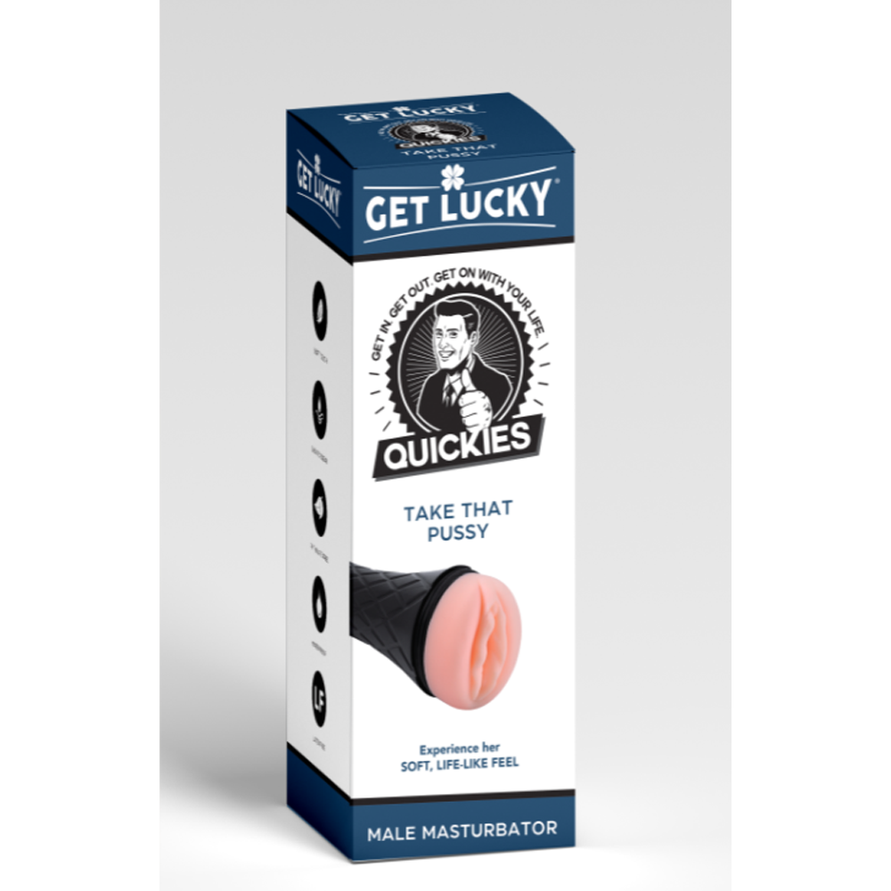 A realistic male masturbator in its packaging with the brand "Get Lucky" visible.