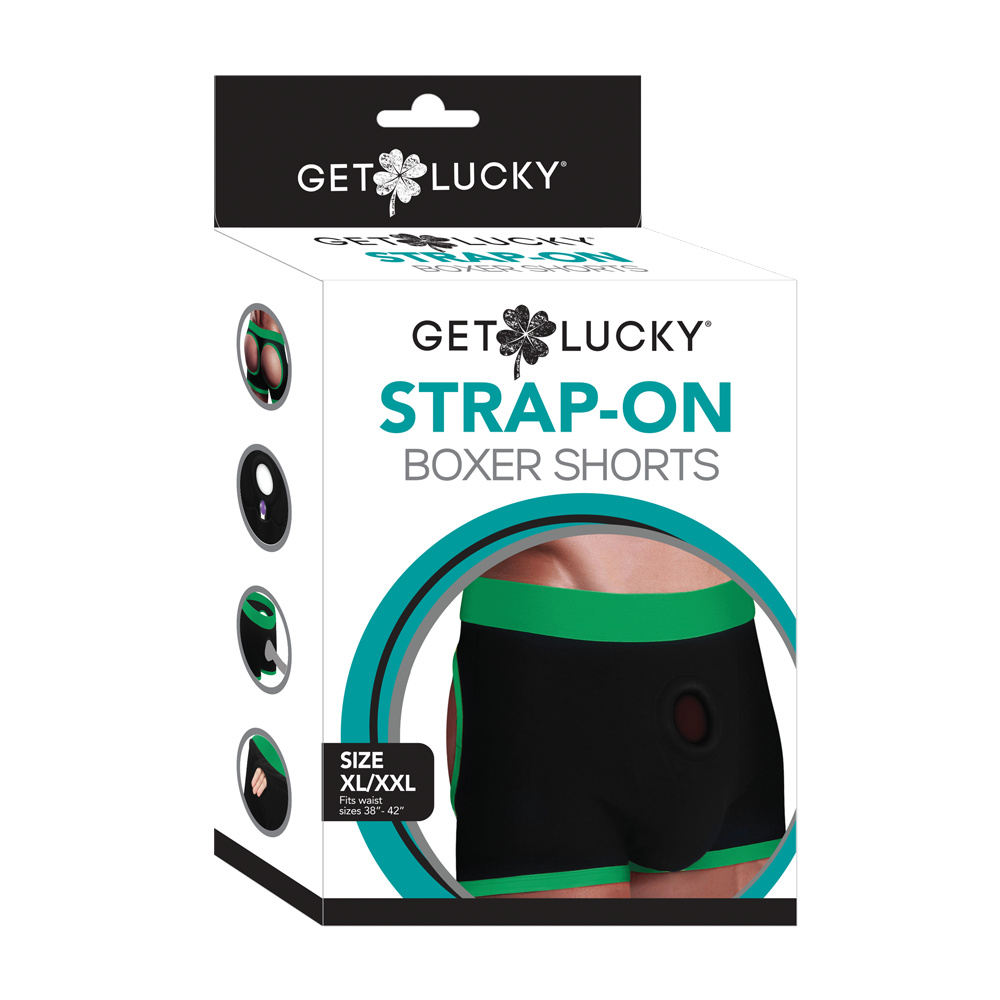 Get Lucky strap-on boxer shorts in black with green trim and a silicone O-ring.