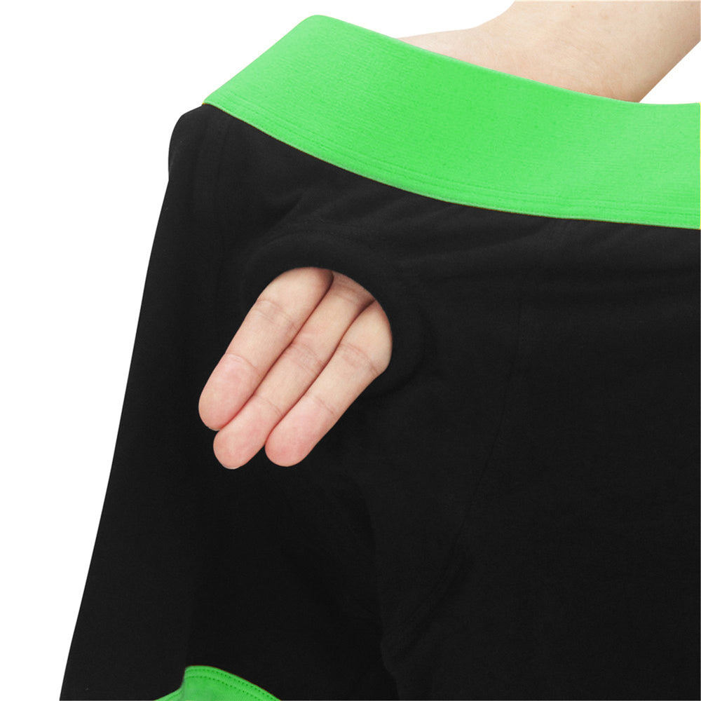 Black boxer shorts with a green waistband and a hand reaching into a side pocket.