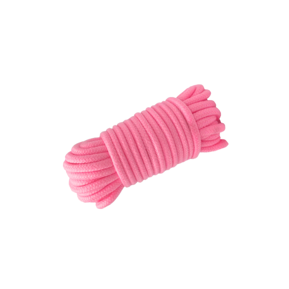 A coiled 10-meter pink silky soft bondage rope.