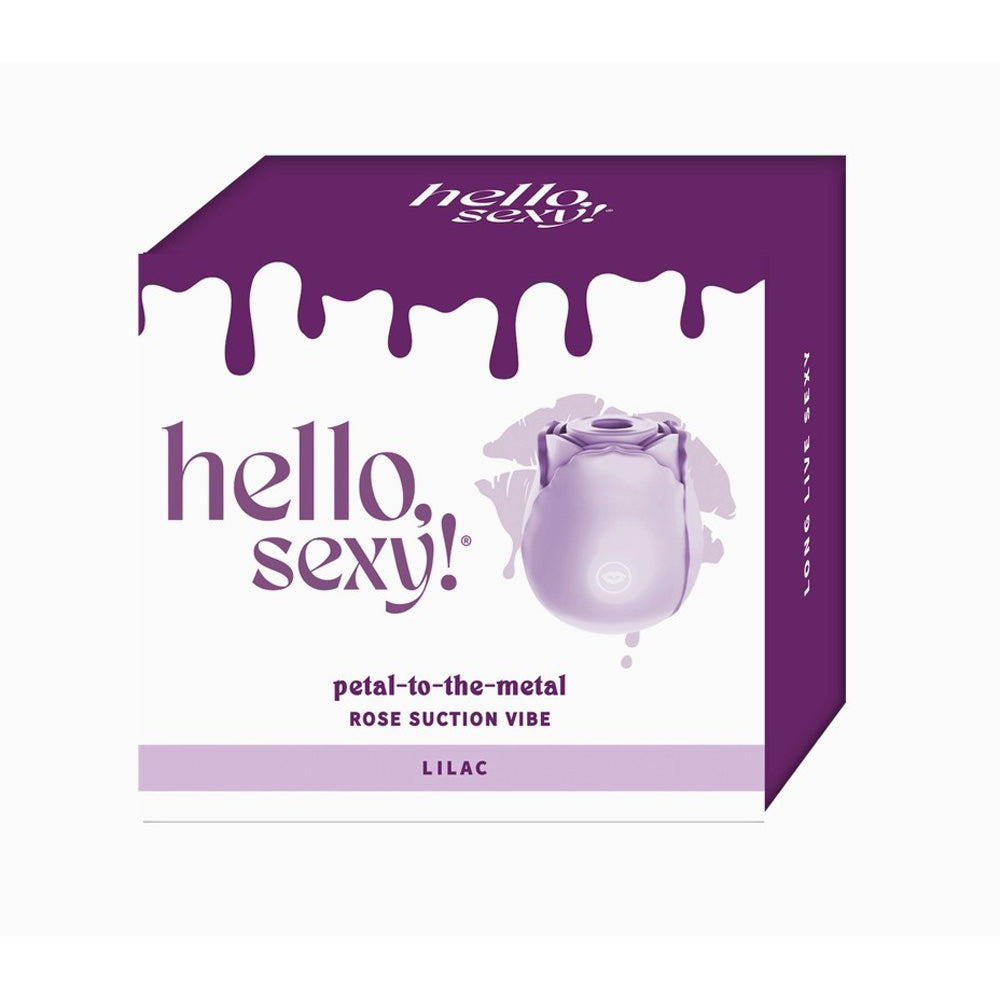 A lilac rose suction vibe with "hello, sexy!" branding.