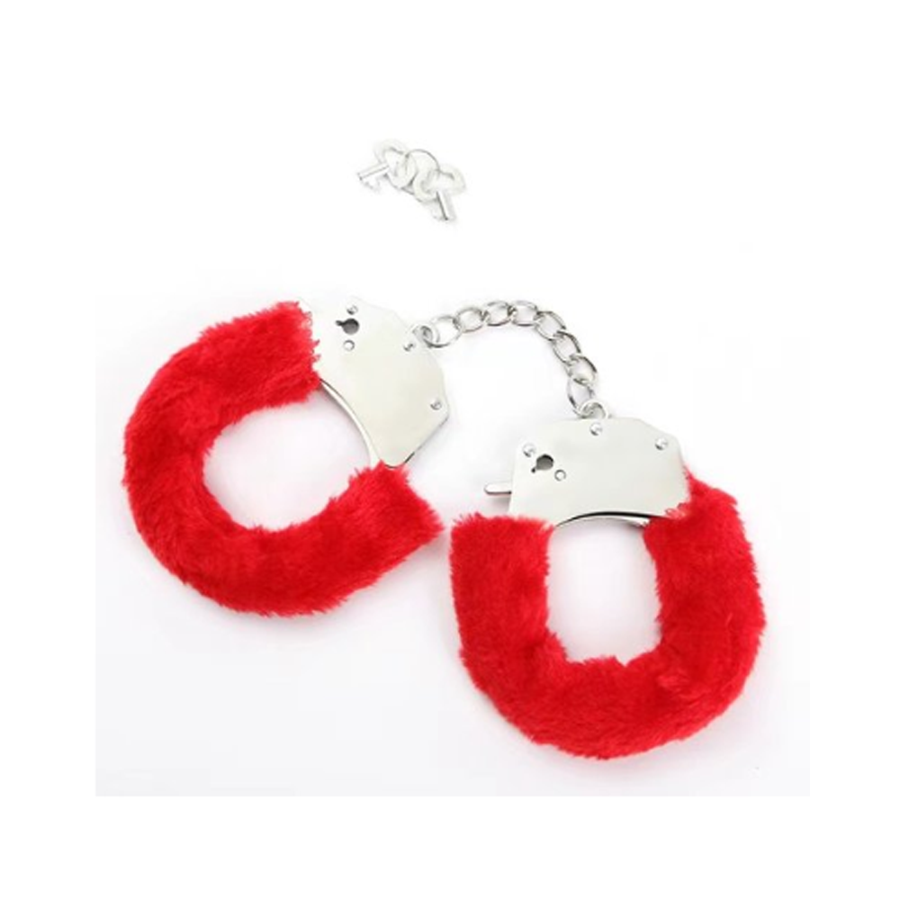 Red fuzzy handcuffs with silver metal frames and a keyed lock.