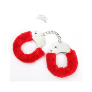 Red fuzzy handcuffs with silver metal frames and a keyed lock.