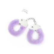 Lilac fuzzy wrist cuffs with a keyed lock and chain.
