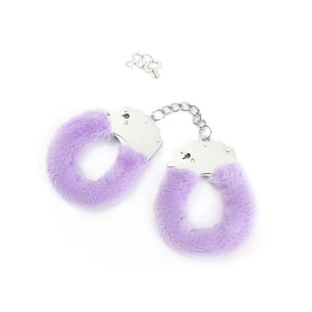 Lilac fuzzy wrist cuffs with a keyed lock and chain.