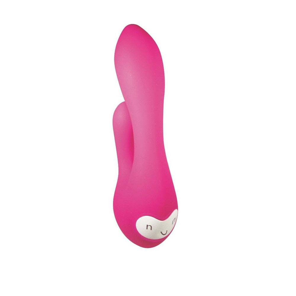 A pink silicone G-spot massager with a white control panel.