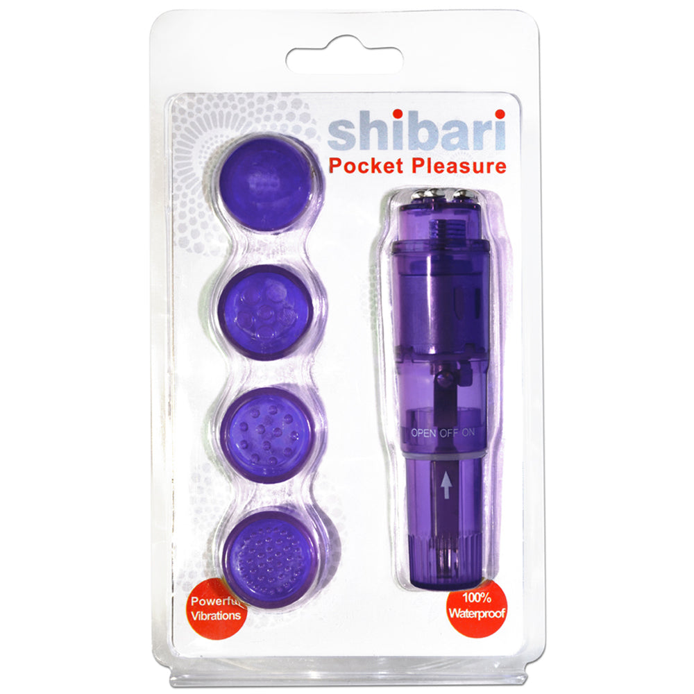 Purple Shibari Pocket Pleasure vibrator with four attachments.