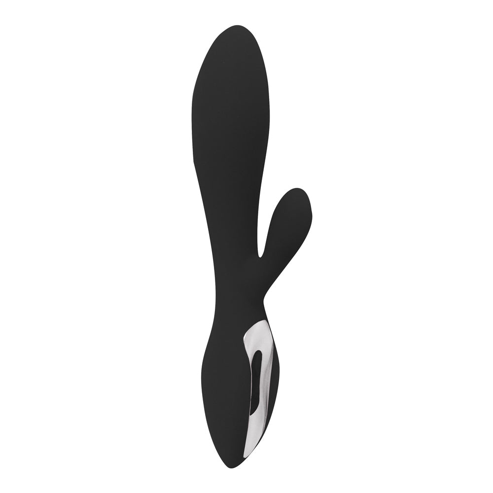 Black silicone rabbit vibrator with a white accent.