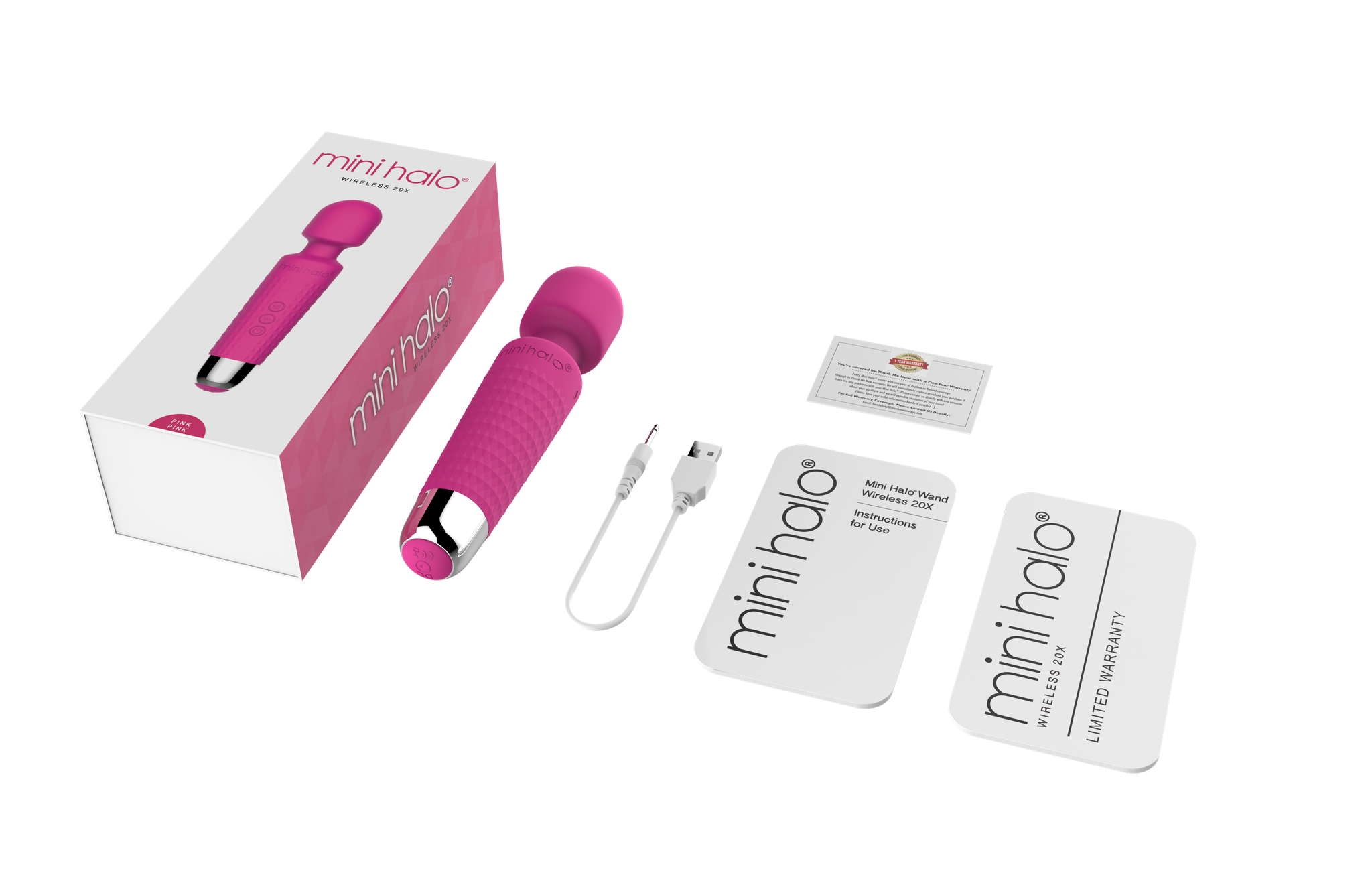 Pink Mini Halo wand massager with box, charging cable, and instructions.
