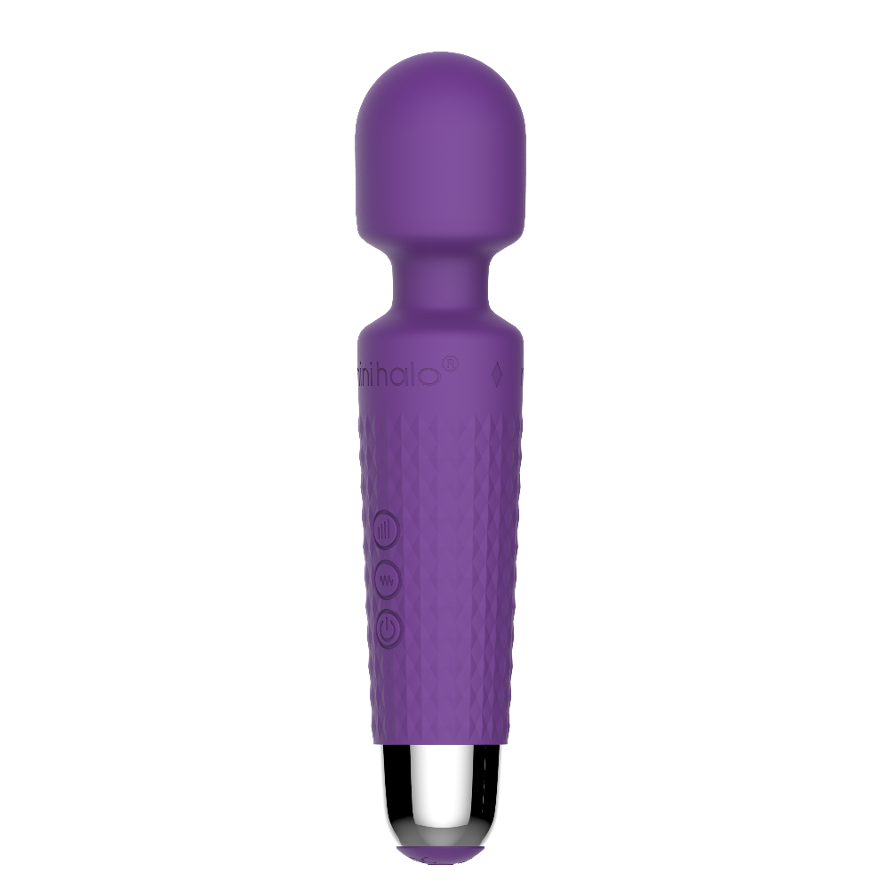 Purple silicone wand massager with textured grip and control buttons.