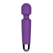 Purple silicone wand massager with textured grip and control buttons.