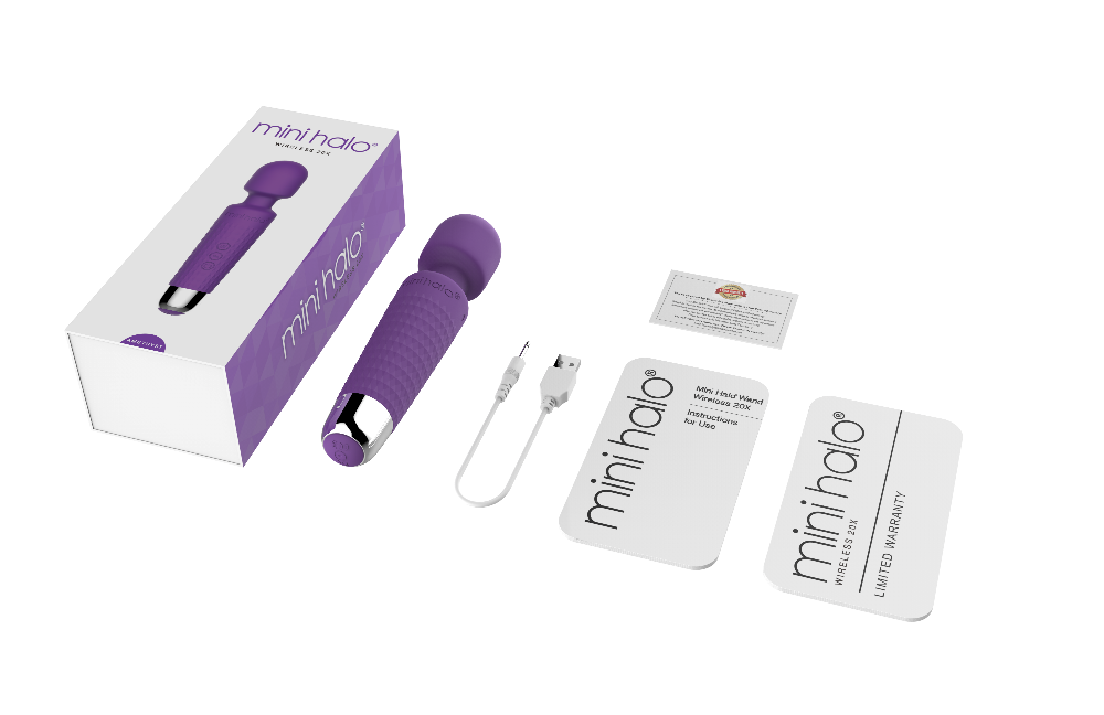 Purple Mini Halo wand massager with box, charging cable, and instructions.