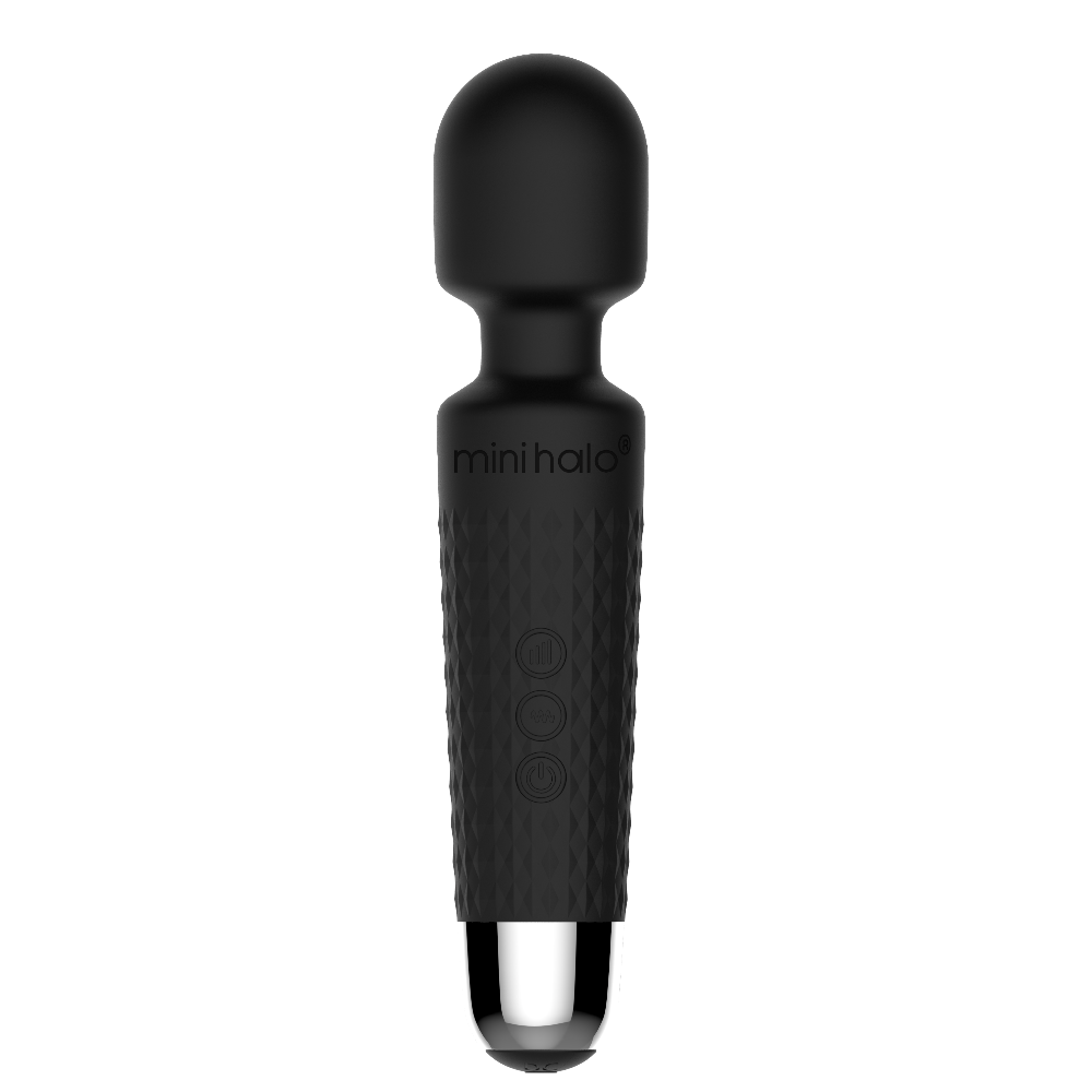 Black Mini Halo wand massager with textured grip and control buttons.