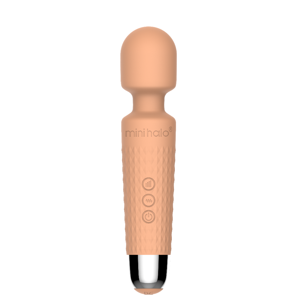 A peach-colored Mini Halo wand massager with textured grip and control buttons.