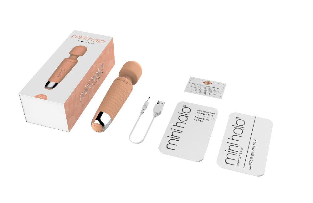 Mini Halo peach wand massager with box, charging cable, and instructions.