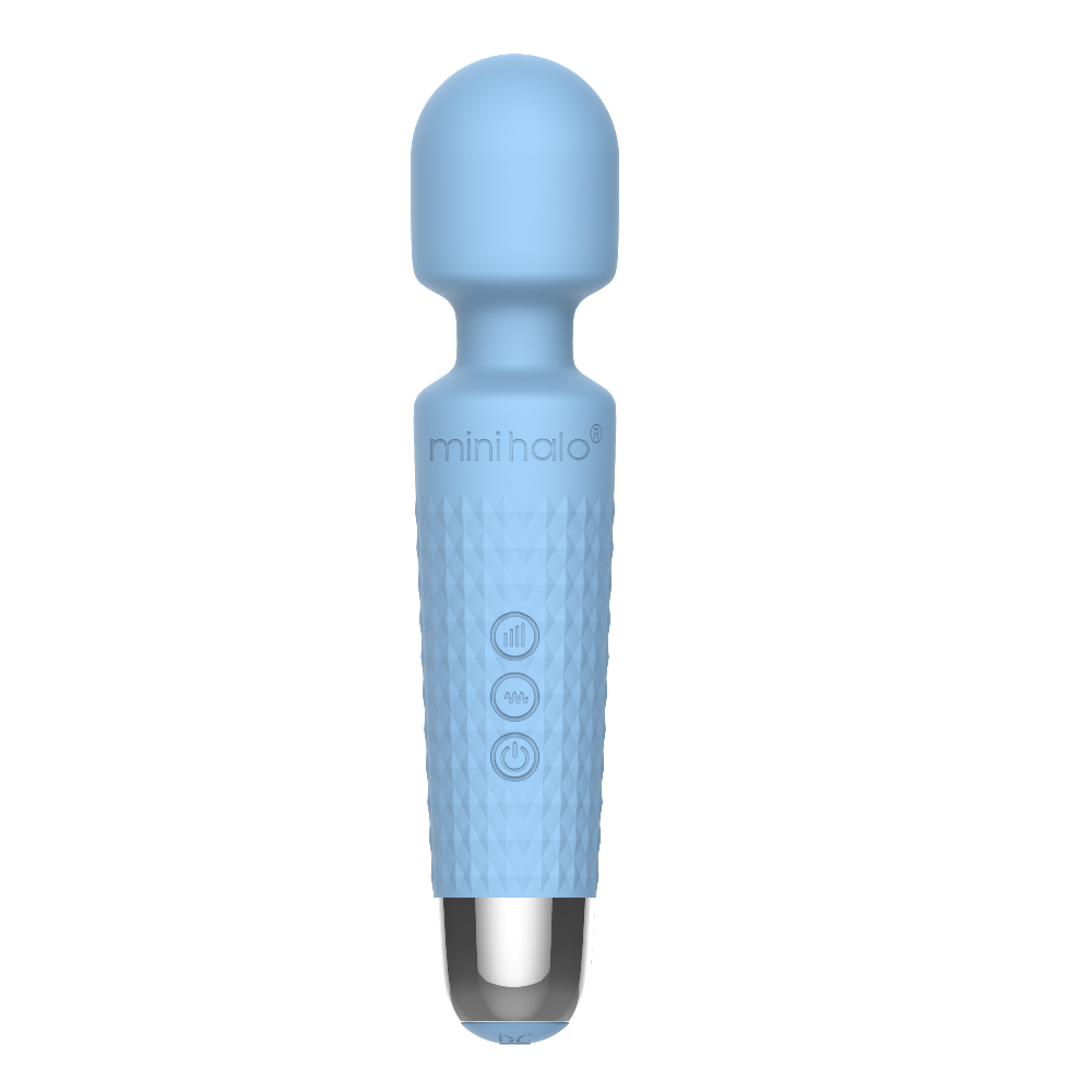 Powder blue Mini Halo wand massager with textured grip and three control buttons.