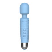 Powder blue Mini Halo wand massager with textured grip and three control buttons.