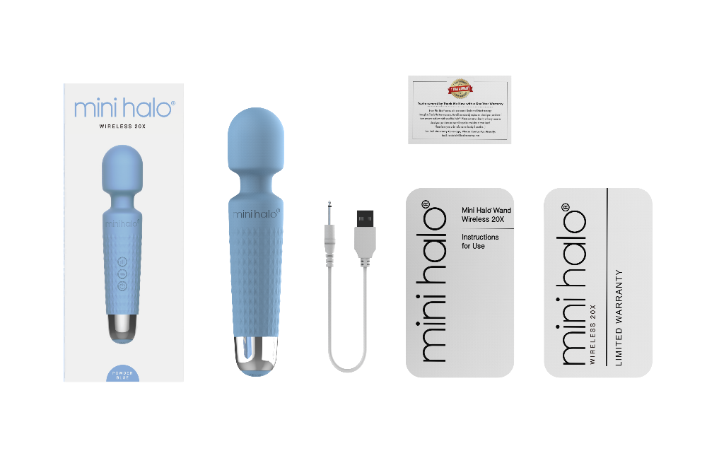 Powder blue Mini Halo waterproof rechargeable wand massager with USB cable and instructions.