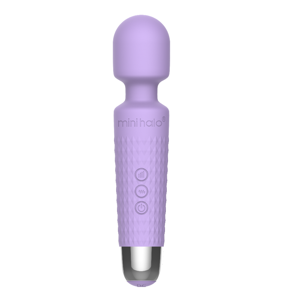 A lilac Mini Halo wand massager with textured grip and three control buttons.
