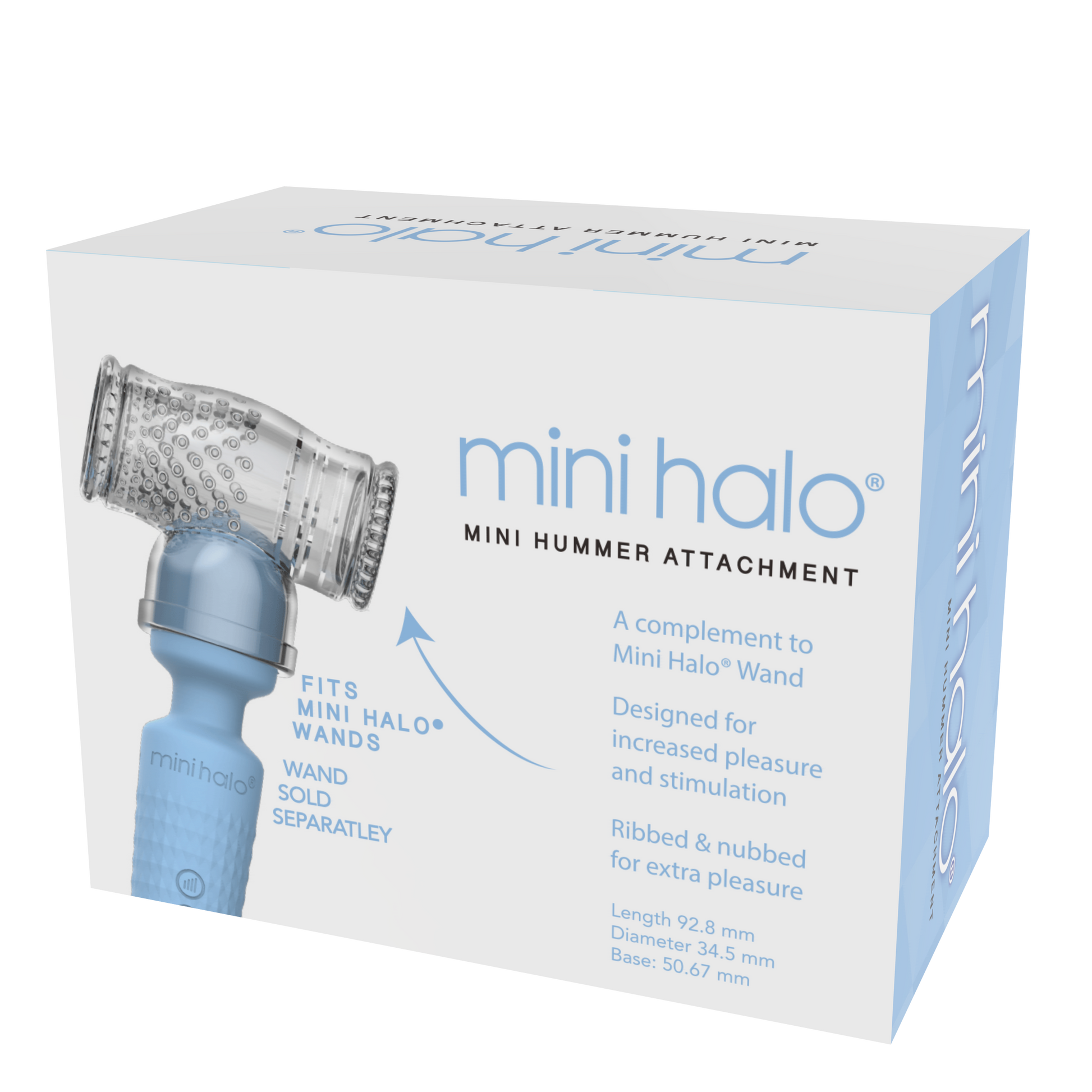 Mini Halo Hummer Wand attachment for vibrators, made of clear and blue material.