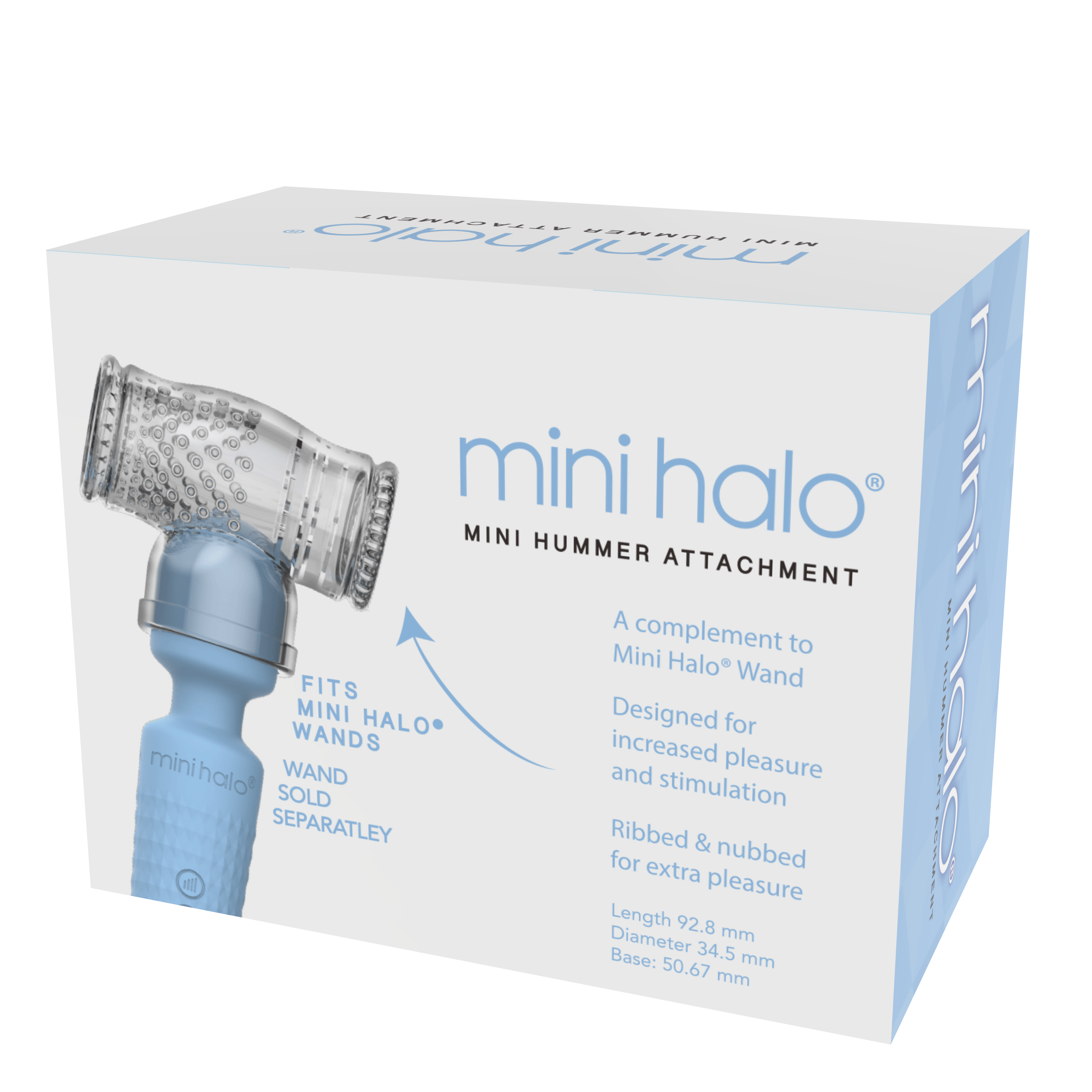 Mini Halo Hummer Wand attachment for vibrators, made of clear and blue material.
