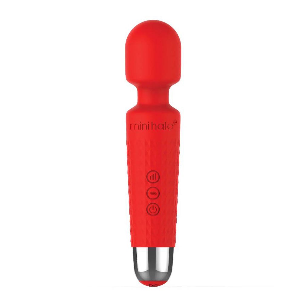 A red Mini Halo wand massager with textured grip and control buttons.