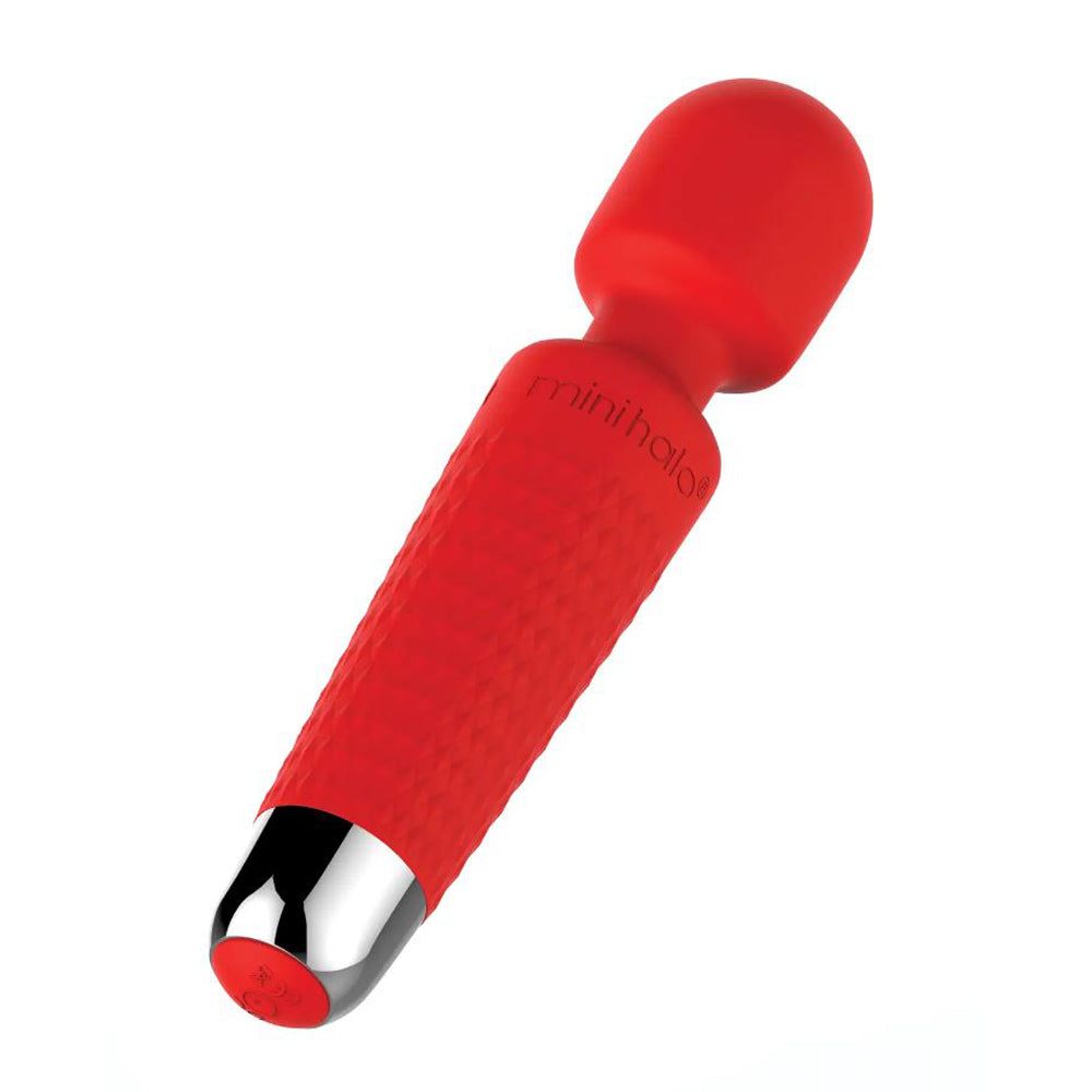 A red silicone wand massager with a silver tip and the brand name "mini halo" visible.