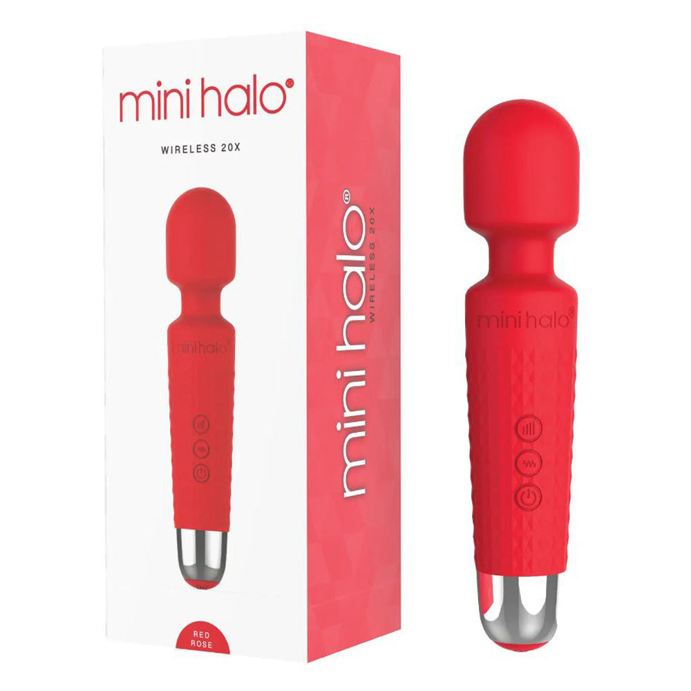 Red Mini Halo wand massager with box and product details.