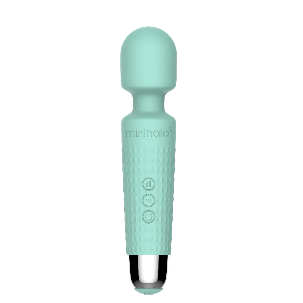 A mint green Mini Halo rechargeable waterproof wand massager with three buttons.