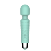 A mint green Mini Halo rechargeable waterproof wand massager with three buttons.