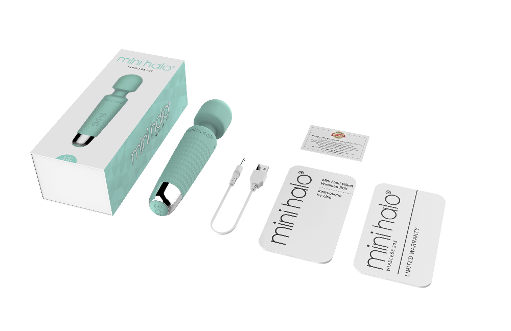 Mint green Mini Halo wand massager with box, charging cable, and instructions.