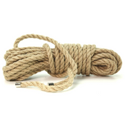 A coiled 32ft natural hemp 3-strand rope with metal ends.