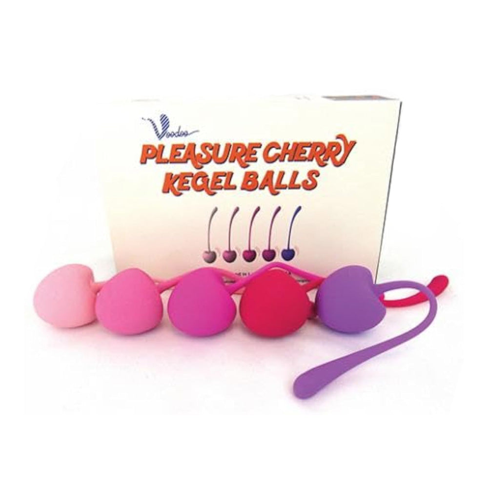 A set of five silicone cherry-shaped kegel balls in pink, magenta, and purple.