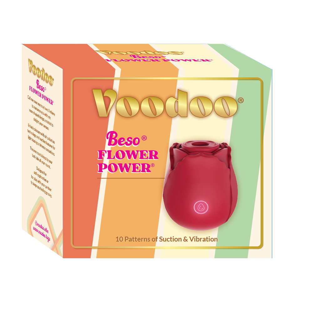 A red rose-shaped Voodoo massager with suction and vibration features.