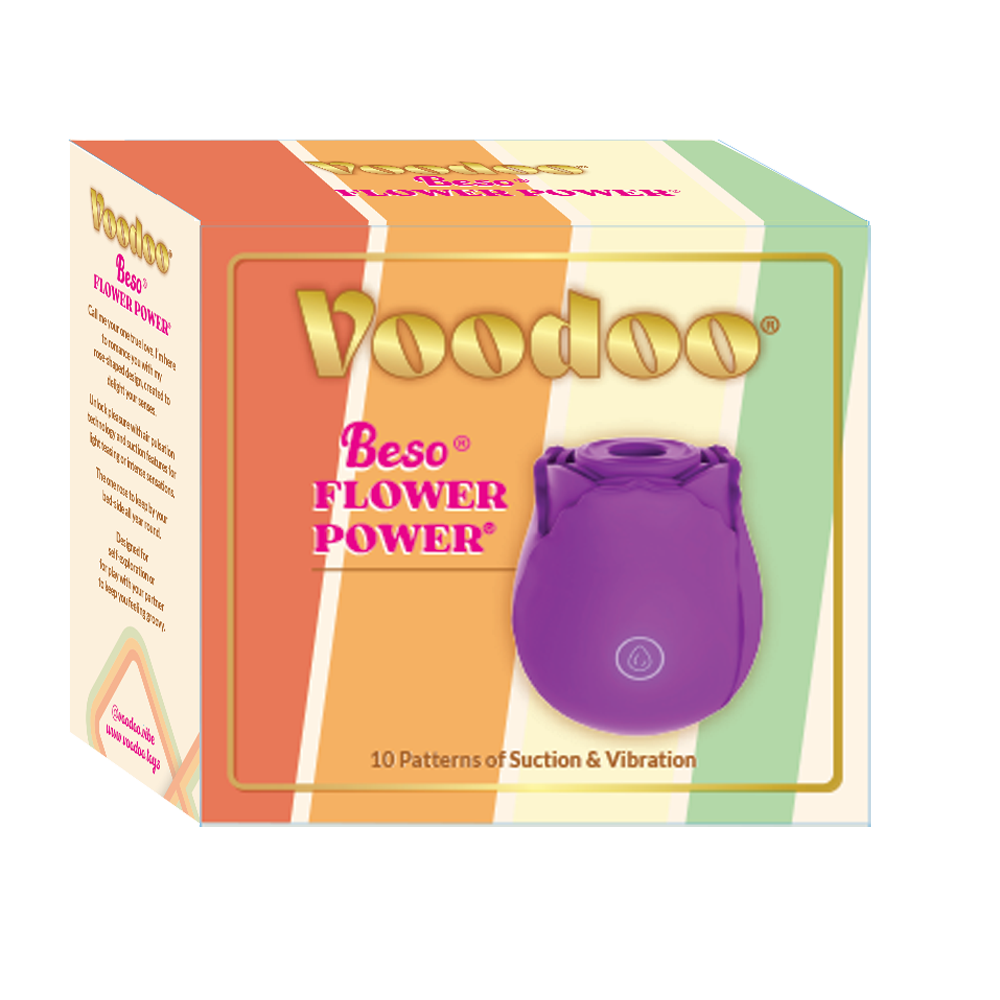 Purple rose-shaped suction and vibration massager on a colorful box.