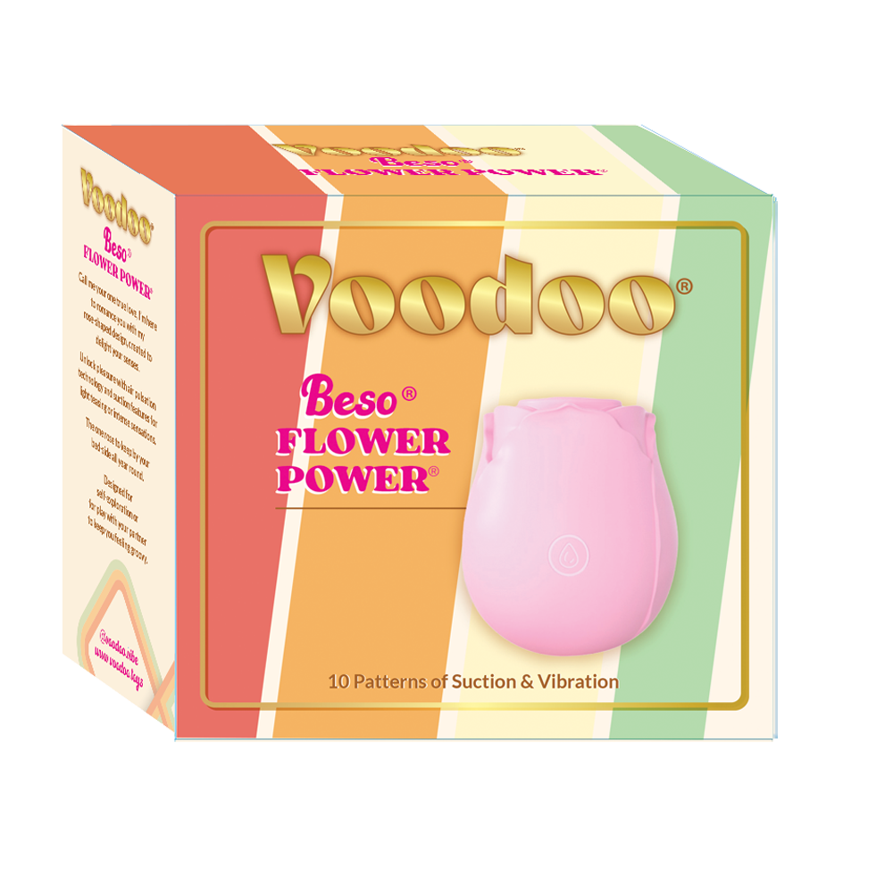 Pink rose-shaped massager with Voodoo branding and suction/vibration features.