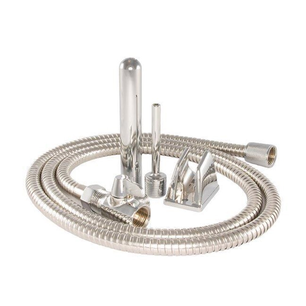 Stainless steel bidet system with a 6ft hose and two interchangeable heads.
