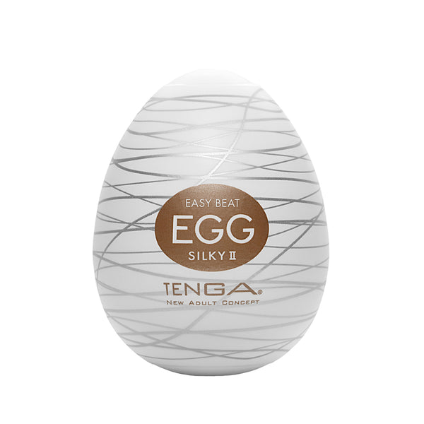 Tenga Silky II egg-shaped male masturbator with a white textured exterior.